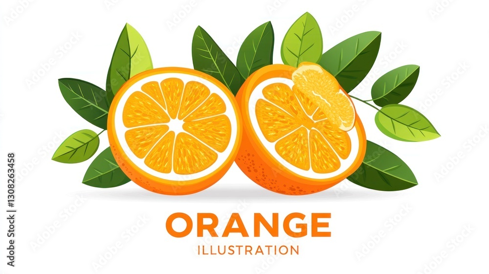 Fresh orange slices illustration with leaves, digital art (1) Fresh orange slices illustration with leaves, digital art (1)