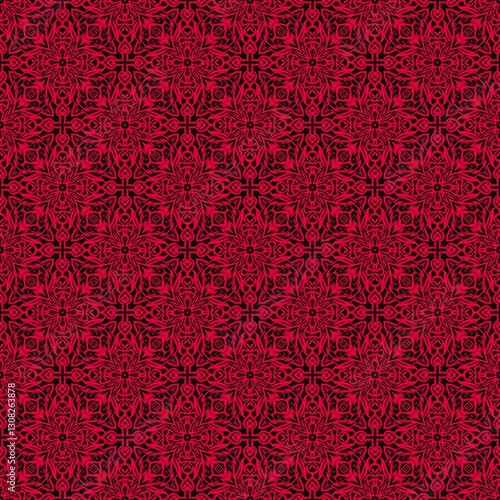 seamless red flower Black backgroud line and geometric ikat fabric pattern background decorative graphic fashion style 
