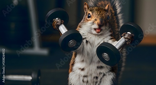 Funny Squirrel Working Out With Dumbbells in a Gym	
