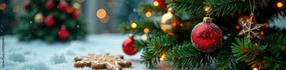 Obraz premium Spruce ornaments on a Christmas tree with gingerbread cookies underneath, decorations, ornaments, winter