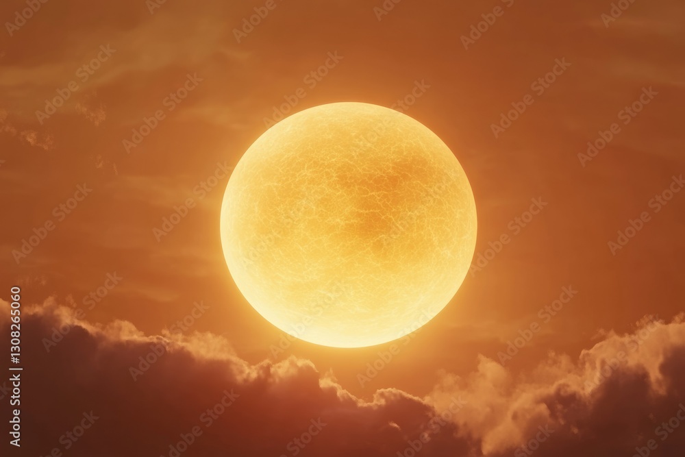 Obraz premium Large, glowing orange celestial body in a cloudy, sunset sky.