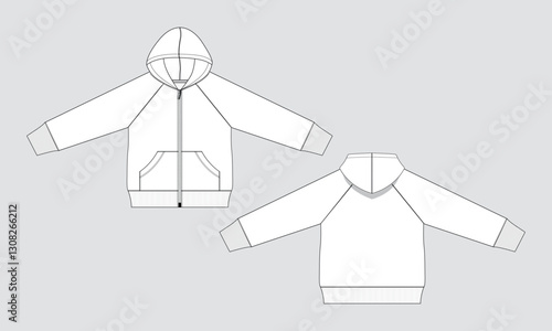 Long sleeve hoodie and pocket technical Drawing fashion flat sketch vector illustration template  for kids