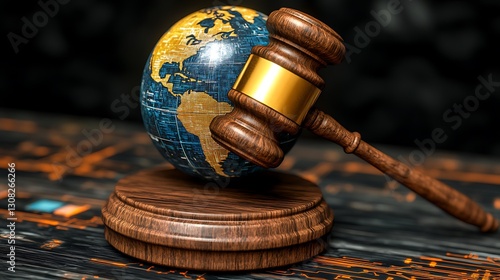 Global legal action, judge's gavel on earth model, procedural justice, use for environmental law articles or legal journals