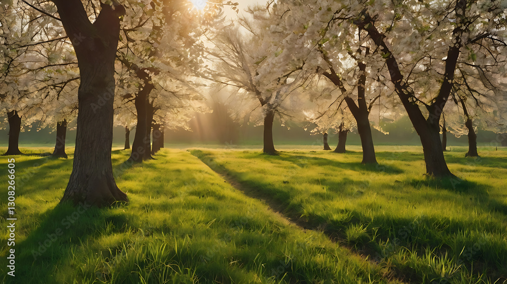 Obraz premium Blossoming trees at sunrise with sunlight filtering through and illuminating a grassy field