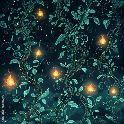 A fantasy-inspired woven pattern with enchanted vines forming magical glowing symbols