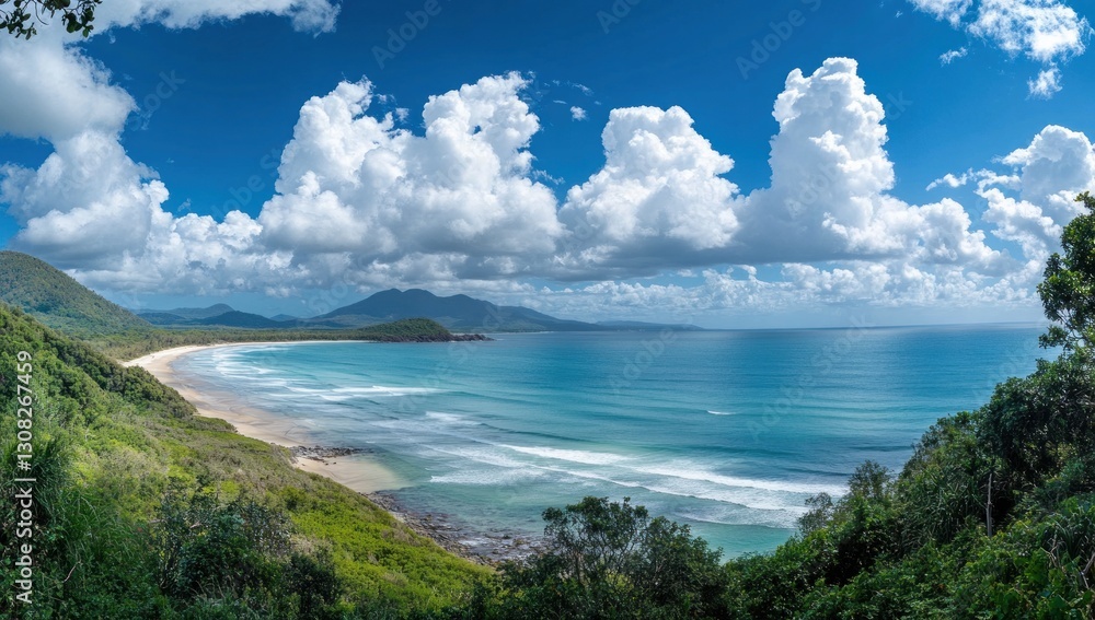 Fototapeta premium Panoramic view of a tropical beach, lush green hills, and a vast ocean under a vibrant blue sky with fluffy white clouds.