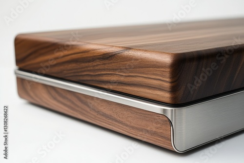 Elegant walnut wood and brushed stainless steel case, sleek design.