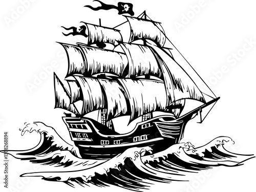 Epic voyage of a pirate ship high seas vintage illustration stormy waters side view adventure and exploration