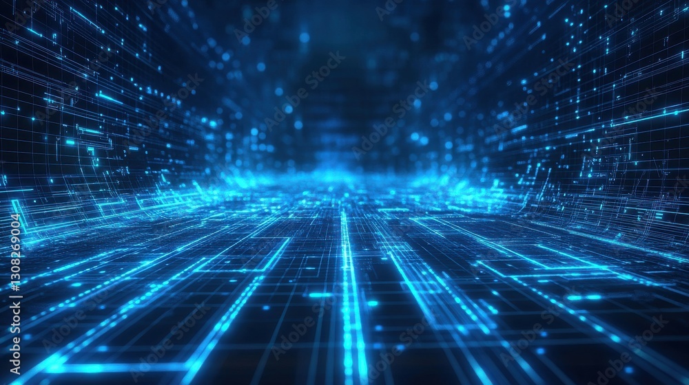 A futuristic digital landscape filled with glowing blue lines and particles, suggesting a virtual reality environment or data flow. A futuristic digital landscape filled with glowing blue lines and particles, suggesting a virtual reality environment or data flow.