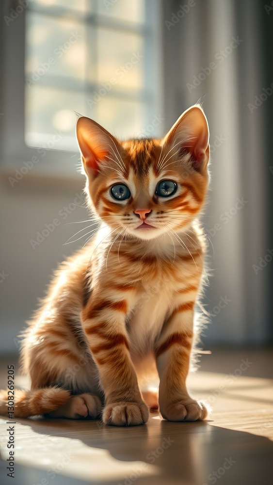 Curious orange tabby kitten in cozy indoor sunlight
Concept of innocence, warmth, comfort Curious orange tabby kitten in cozy indoor sunlight
Concept of innocence, warmth, comfort