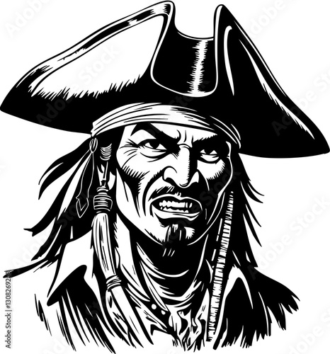 Pirate captain confronts rival crew high seas illustration nautical theme dramatic angle adventure concept