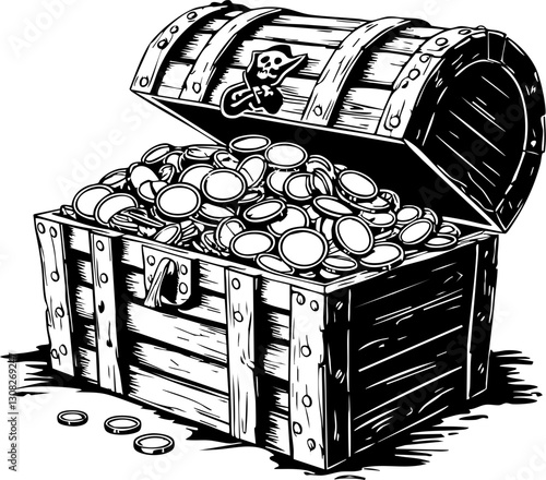 Pirate treasure chest overflowing with gold coins on mysterious island adventure scene eye-level view fantasy realm