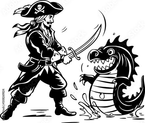 Pirate confronts sea monster ocean adventure illustration fantasy realm dynamic action epic battle