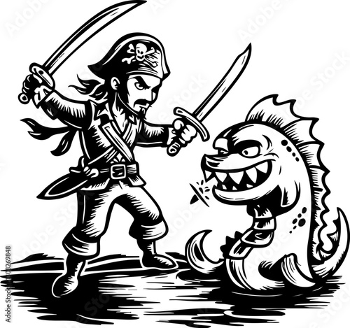 Fearless pirate's clash with a fearsome sea monster in an epic fantasy showdown on the stormy seas of eldoria