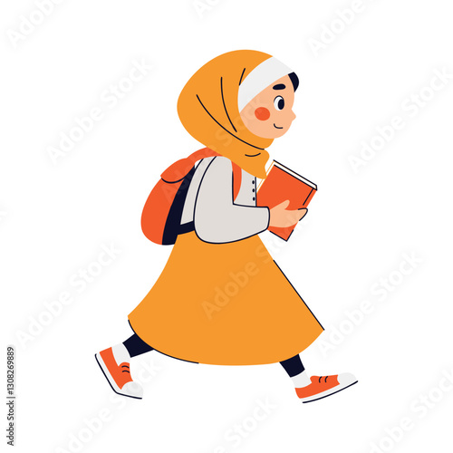 Hijab Student Holding Book Walking School Learning