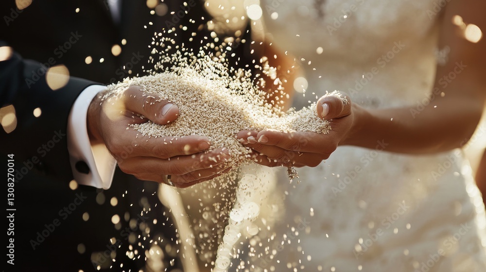 Fototapeta premium 67.Happy wedding photography of bride and groom at wedding ceremony. Wedding tradition sprinkled with rice and grain