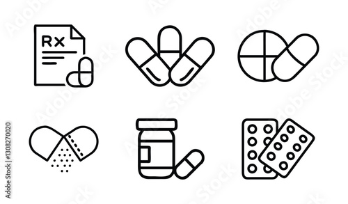 Medical Pill and Prescription Icons: Black Outline Symbols for Healthcare and Pharmacy