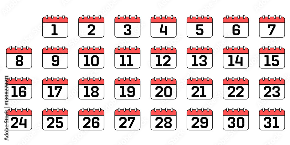 Calendar icon set with dates from 1 to 31. Schedule Planner symbol flat simple infographics design template. vector illustration. Calendar icon set with dates from 1 to 31. Schedule Planner symbol flat simple infographics design template. vector illustration.