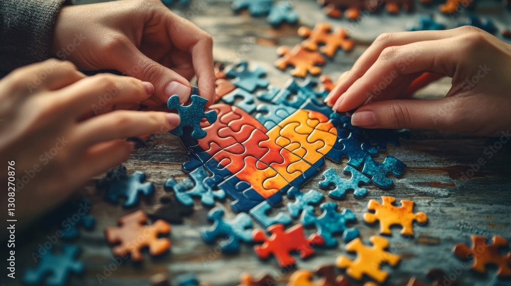 114.A creative composition of a man and woman’s hands aligning puzzle pieces with a vibrant heart symbol, surrounded by scattered pieces on a table. 114.A creative composition of a man and woman’s hands aligning puzzle pieces with a vibrant heart symbol, surrounded by scattered pieces on a table.