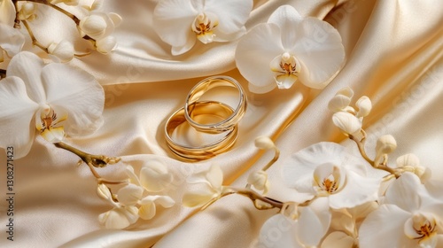 53.A detailed shot of golden wedding bands set on a smooth satin background, encircled by white orchid blooms and subtle highlights that evoke timeless romance.