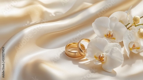 53.A detailed shot of golden wedding bands set on a smooth satin background, encircled by white orchid blooms and subtle highlights that evoke timeless romance.