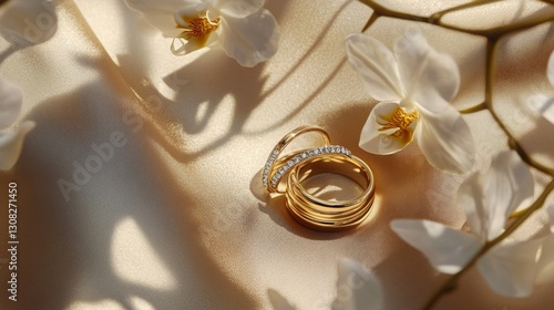 53.A detailed shot of golden wedding bands set on a smooth satin background, encircled by white orchid blooms and subtle highlights that evoke timeless romance.