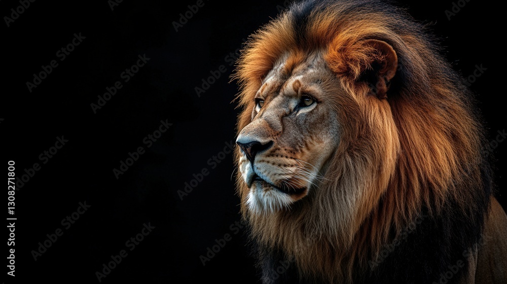 Naklejka premium A majestic lion’s face captures attention in a dramatic dark backdrop. Its intricate mane glows against rich brown and black fur, highlighting piercing eyes with a contemplative gaze