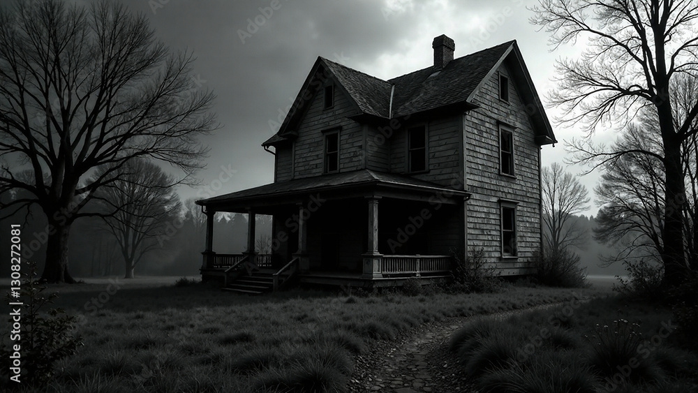 A dark and moody, highly detailed, black and white image of an old, decaying house. Deep shadows, dramatic lighting, and a sense of foreboding. Focus on depth and texture. Professional quality., Ul A dark and moody, highly detailed, black and white image of an old, decaying house. Deep shadows, dramatic lighting, and a sense of foreboding. Focus on depth and texture. Professional quality., Ul