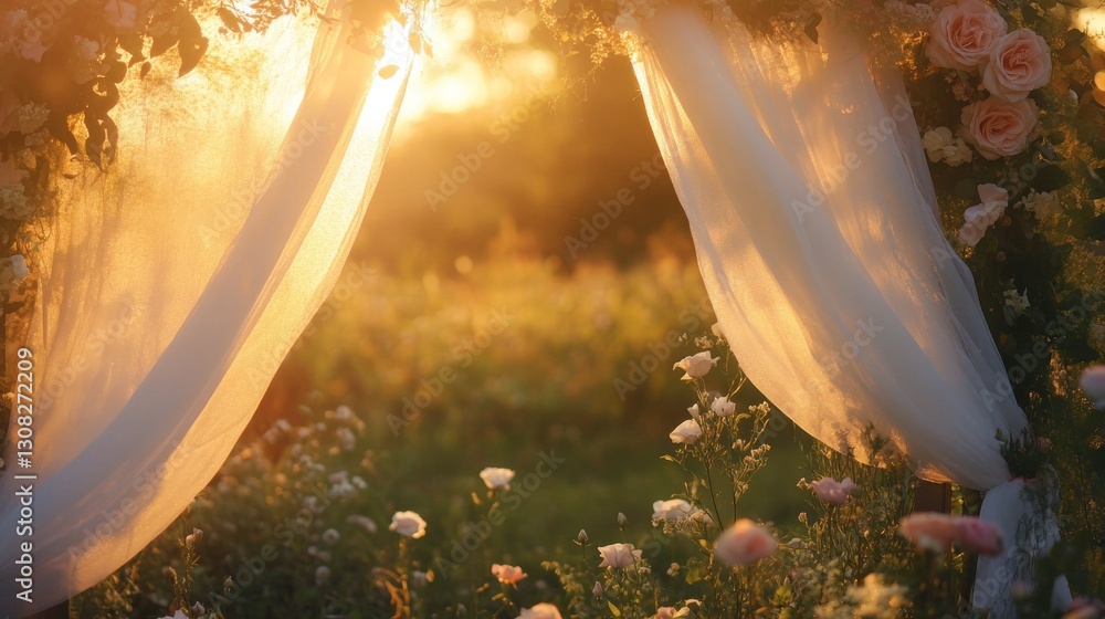 custom made wallpaper toronto digital38.A soft-focus image of a romantic outdoor wedding setting, featuring a beautifully decorated arch with flowing white fabric and pastel flowers under a glowing sunset.