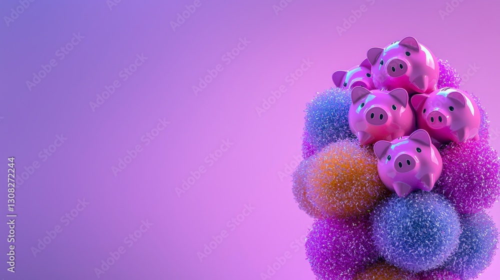Fototapeta premium Pink Piggy Banks on Colorful Pom Poms Savings Finance Wealth Growth