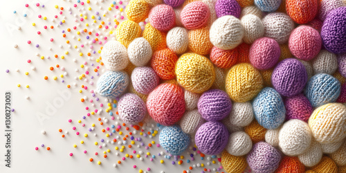 Colorful Knitted Spheres with Scattered Beads on a White Background