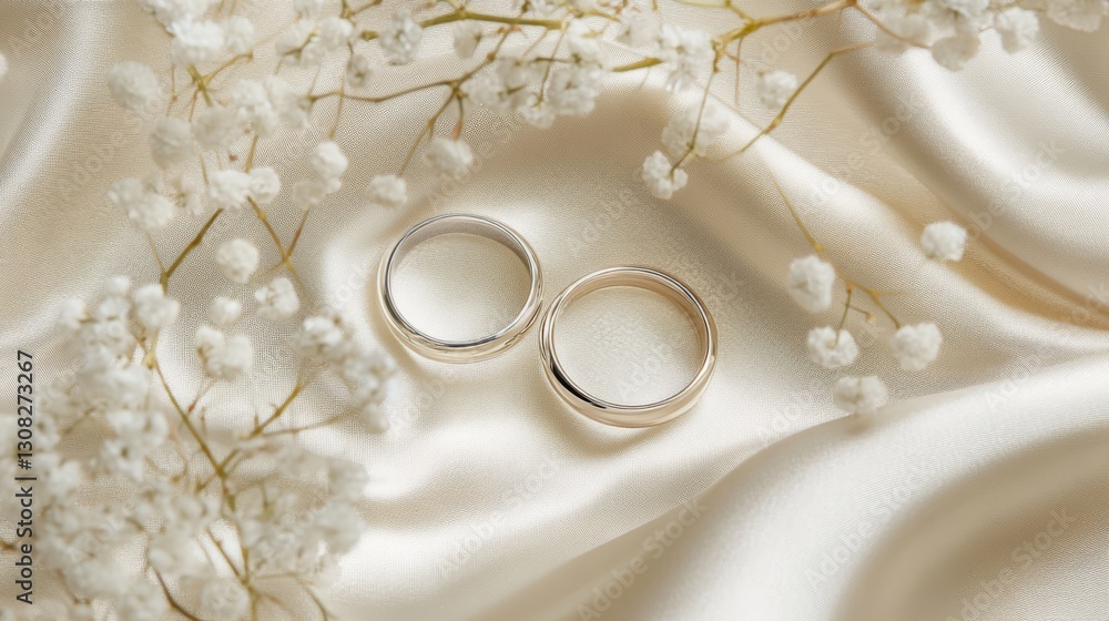 51.A pair of sleek wedding bands resting on an ivory satin surface, framed by delicate sprigs of baby’s breath and small white flowers, creating a romantic atmosphere. 51.A pair of sleek wedding bands resting on an ivory satin surface, framed by delicate sprigs of baby’s breath and small white flowers, creating a romantic atmosphere.