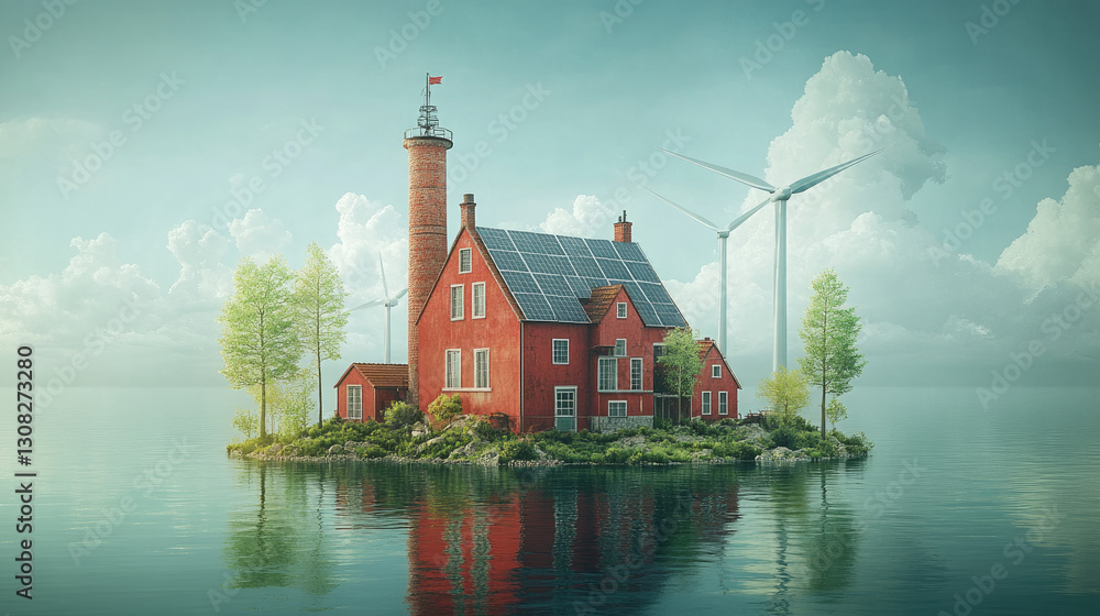Obraz premium Red Island Home with Sustainable Energy