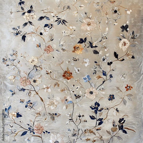 A woven silk tapestry with delicate floral embroidery and metallic golden highlights