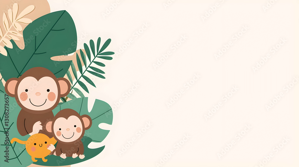 Cute Cartoon Monkeys and Yellow Creature Surrounded by Leaves Cute Cartoon Monkeys and Yellow Creature Surrounded by Leaves