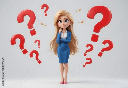Professional Woman in Blue Suit Surrounded by Question Marks – Concept of Decision Making, Confusion, and Business Challenges