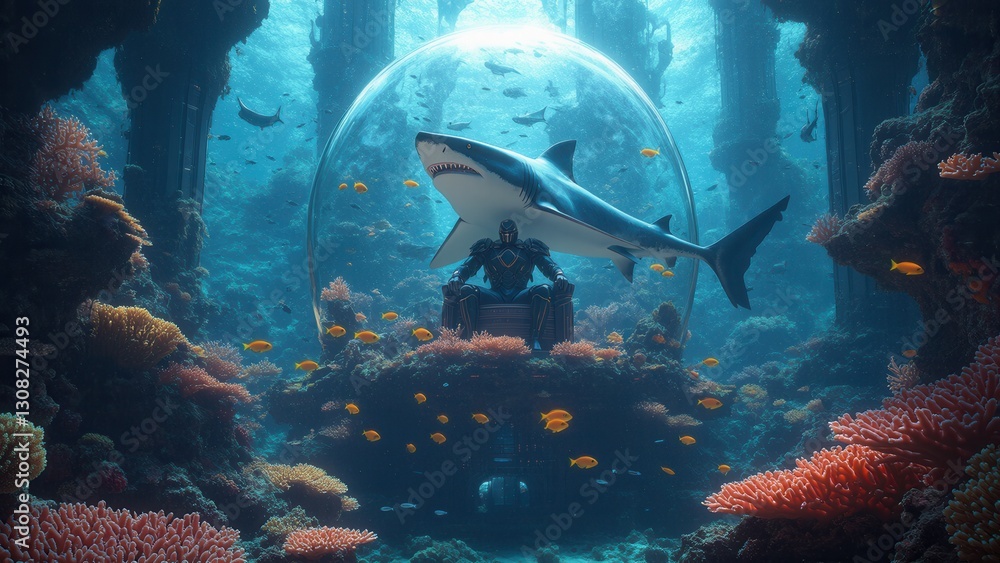 Fototapeta premium Majestic Shark Swimming in Vibrant Underwater Coral Landscape