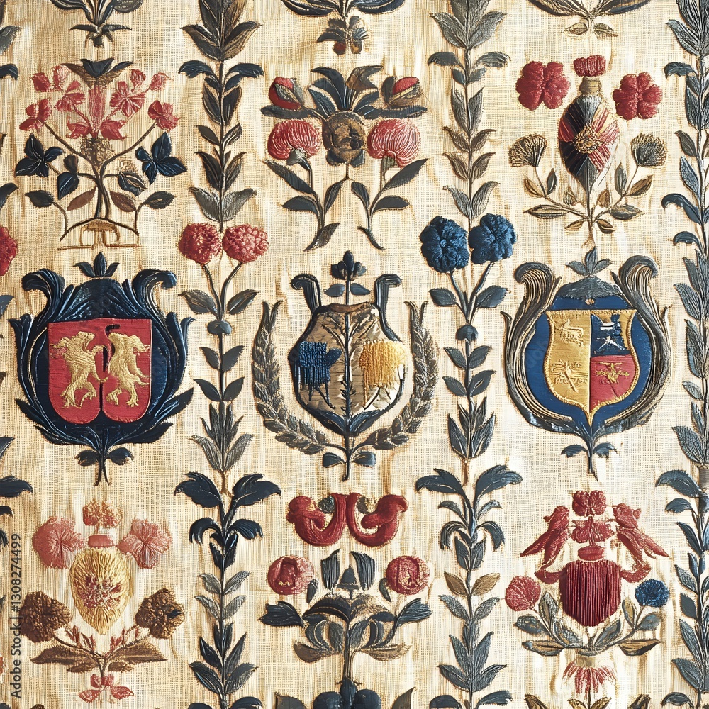 A medieval woven fabric pattern featuring heraldic symbols and intricate embroidery