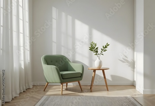 Minimalist Living Room Interior with Green Armchair, Wooden Table, and White Vase in Natural Sunlight – Modern Decor