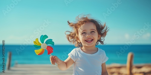 Joyful Toddler Holding a Colorful Pinwheel on a Wooden Pier by the Ocean on a Windy Day