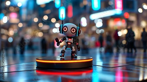 Wallpaper Mural A futuristic robot stands on a glowing platform amidst a vibrant urban nightlife scene Torontodigital.ca