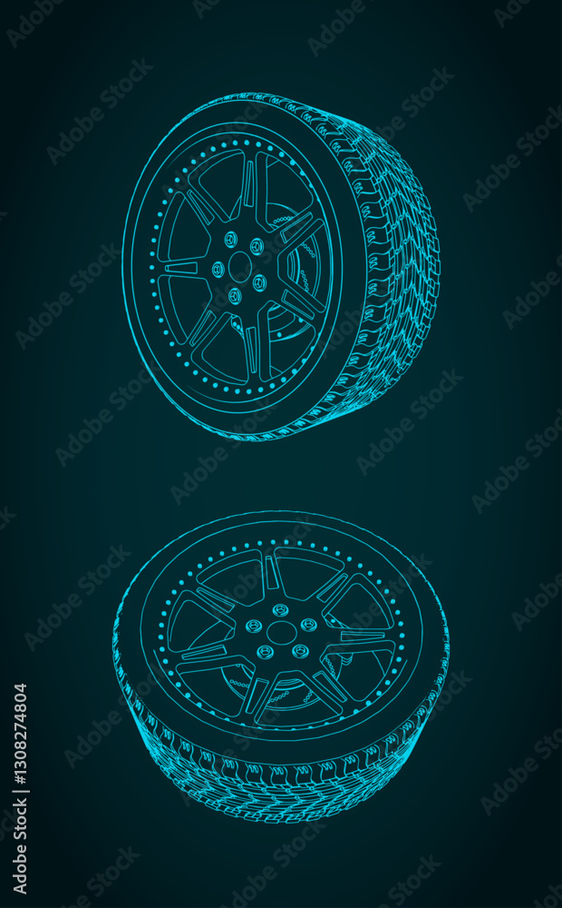 Obraz premium Car wheel blueprints illustration