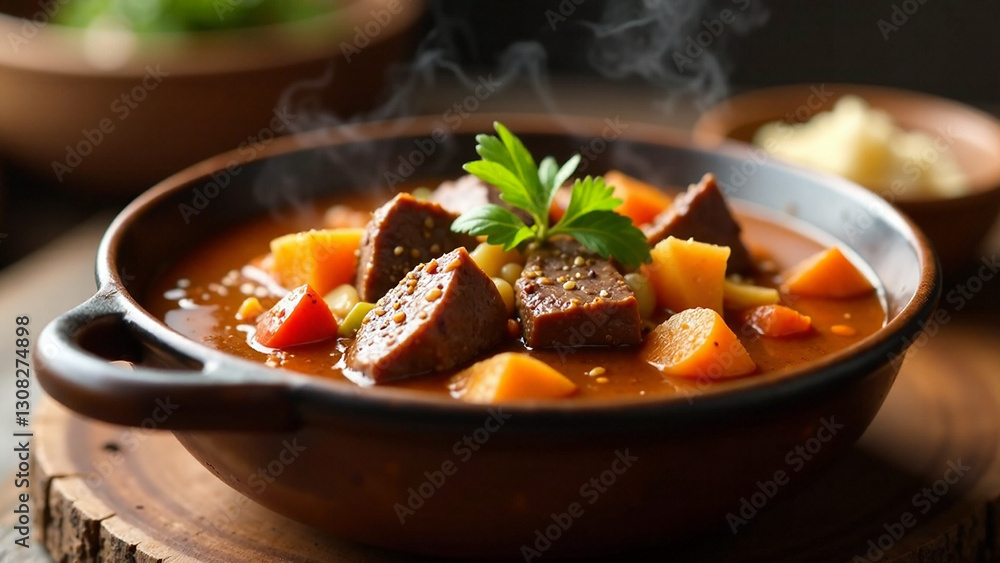 Generate AI photo of a hearty beef stew with vegetables in a rustic bowl, perfect for cozy meals or comfort food photography. Depth of field should emphasize the stew. Mood: warm, inviting, and comfo Generate AI photo of a hearty beef stew with vegetables in a rustic bowl, perfect for cozy meals or comfort food photography. Depth of field should emphasize the stew. Mood: warm, inviting, and comfo