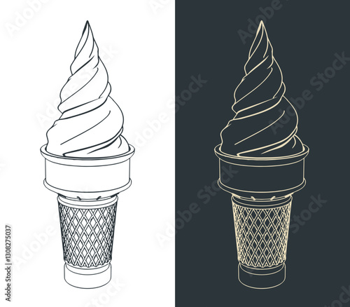 Ice cream in a waffle cone illustrations