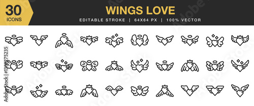 Wings Love icon set. Editable Stroke Icon Collection. Includes Angel, Wings, Heart, Love, Valentine, and More. Outline icons vector collection.