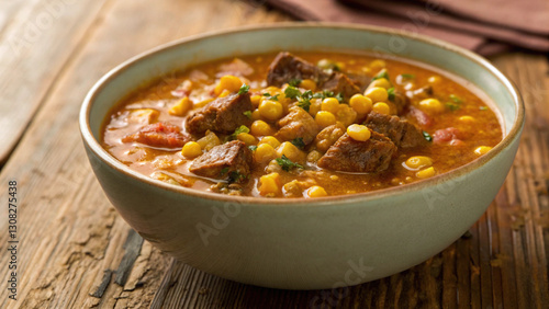 hearty bowl of locro with corn and meat, showcasing rich flavors and textures