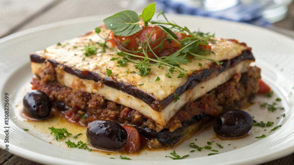 Delicious moussaka with layers of eggplant, meat, and herbs garnished with olives Delicious moussaka with layers of eggplant, meat, and herbs garnished with olives