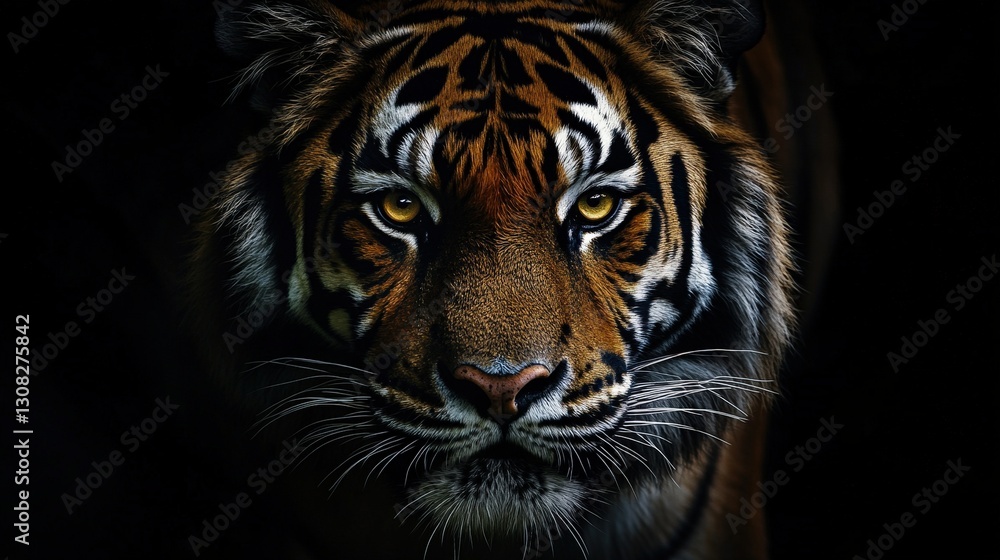 Fototapeta premium An intimate portrait of a majestic tiger, its intricate coat blends brown, black, and wisps of orange. Bright yellow eyes pierce through, while a dark brown nose adds to its striking allure