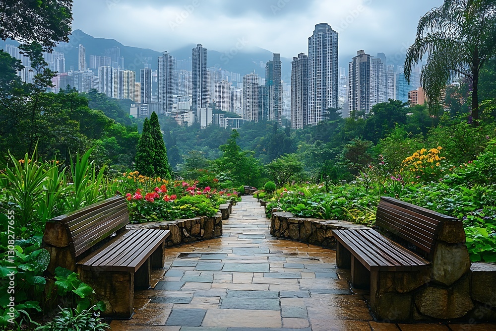 Hong Kong park path, city view, benches, garden Hong Kong park path, city view, benches, garden