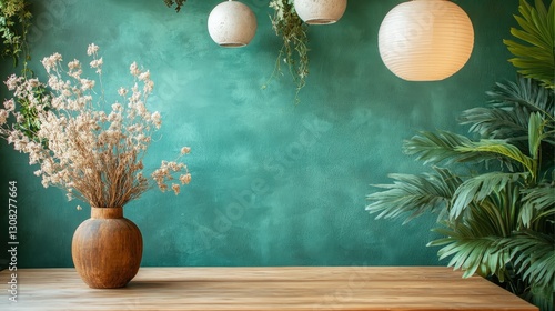 Close-up of a smooth, light-brown wooden table against a rich, textured dark green wall, exuding elegance and warmth photo